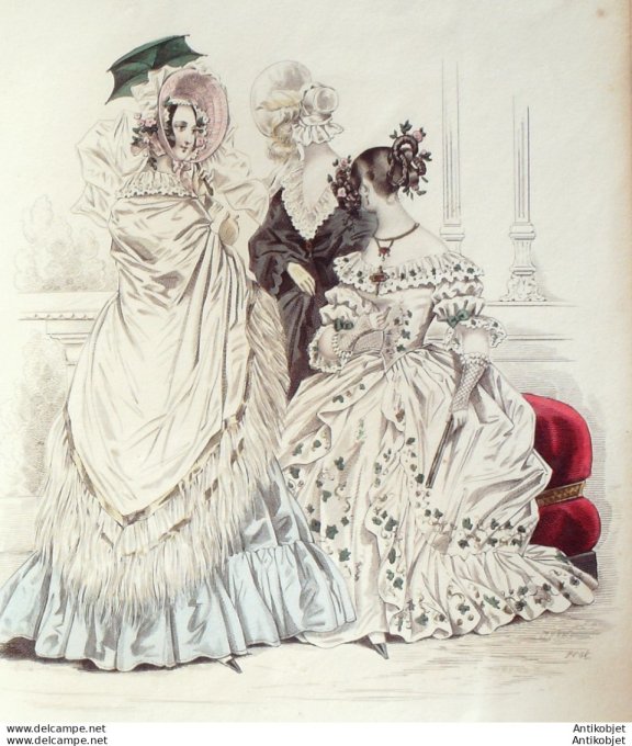 Gravure de mode Costume Parisien 1838 n°3565 Robe d'organdi brodée laine