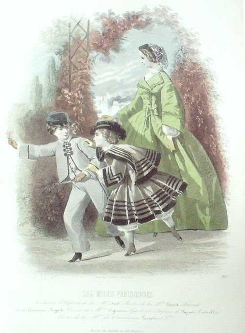 Gravure Les Modes Parisiennes 1860 # 917 Robes satin Maison Jacob