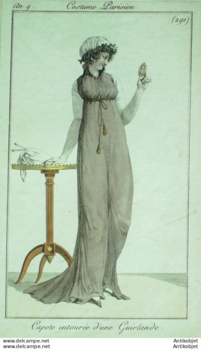 Gravure de mode Costume Parisien 1801 n° 291 (An 9) Capote entourée