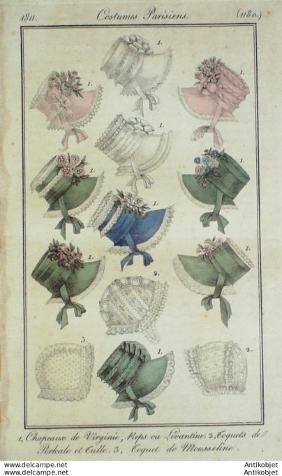 Costume Parisien 1811 # 1180 Toquets perkale et tulle