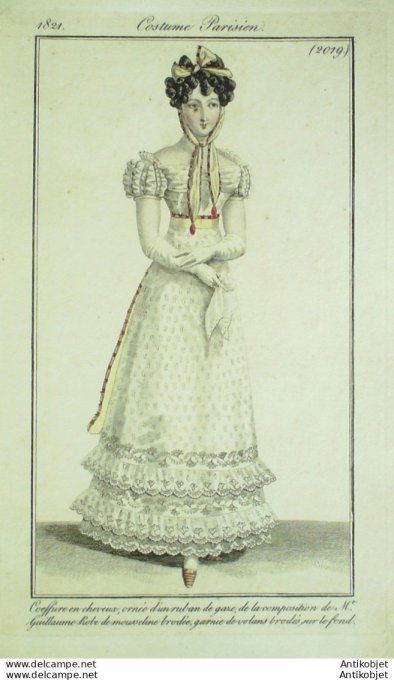 Gravure de mode Costume Parisien 1821 n°2019 Robe mousseline brodée