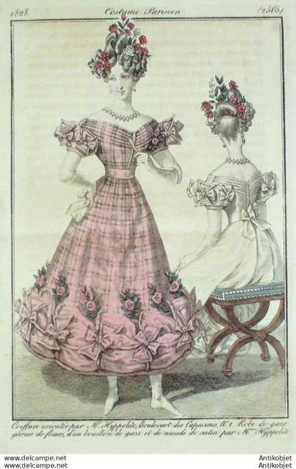 Gravure de mode Costume Parisien 1828 n°2565 Robe de gaze garnie de fleurs nœuds