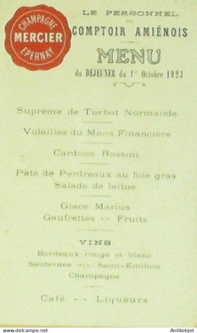 Menu personnel du Comptoir Amienois (80) Champagne Mercier 1923