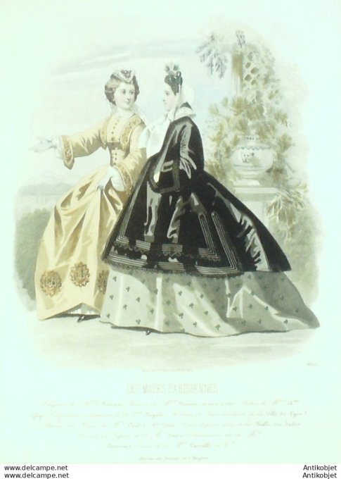 Gravure Les Modes Parisiennes 1863 #1055 Robes gros de Lyon Maison Ghys