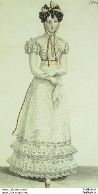 Gravure de mode Costume Parisien 1821 n°2019 Robe mousseline brodée