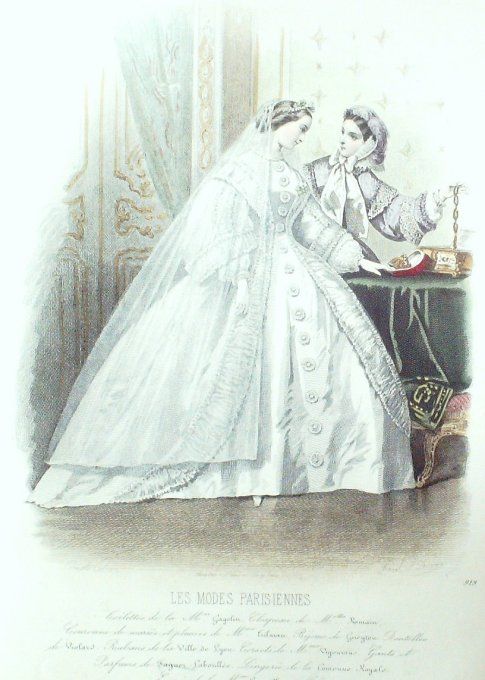 Gravure Les Modes Parisiennes 1860 # 919 Robe de mariée Maison Gagelin
