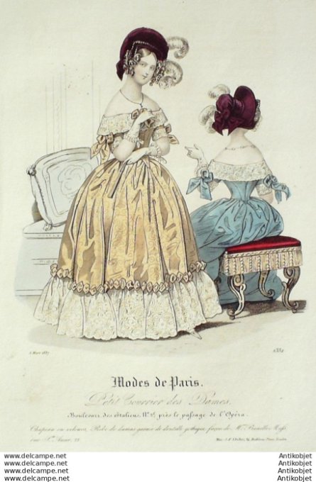 Gravure Mode Courrier des Dames 1837 # 1332 (eau forte old Fashion plate)