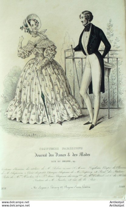 Gravure de mode Costume Parisien 1838 n°3566 Costume d'homme gilet piqué