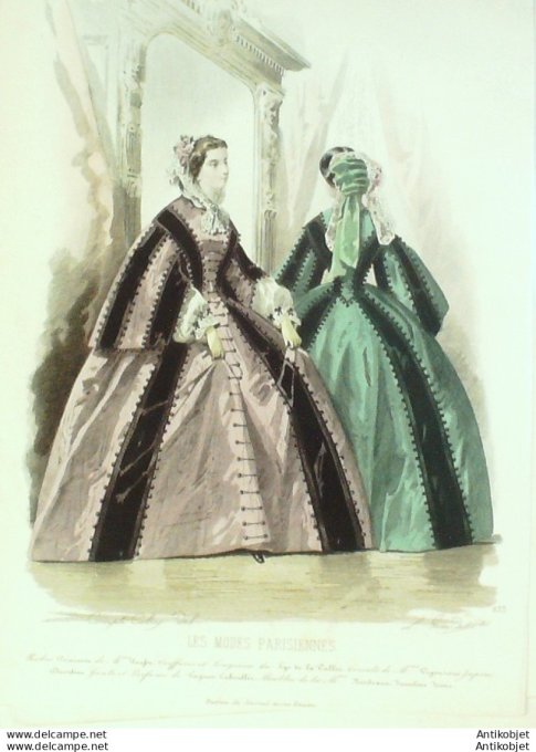Gravure Les Modes Parisiennes 1859 # 833 Robes satin Maison Poufse
