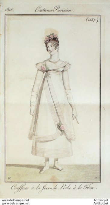 Gravure de mode Costume Parisien 1816 n°1557 Robe à la flore Coiffure à la Joconde
