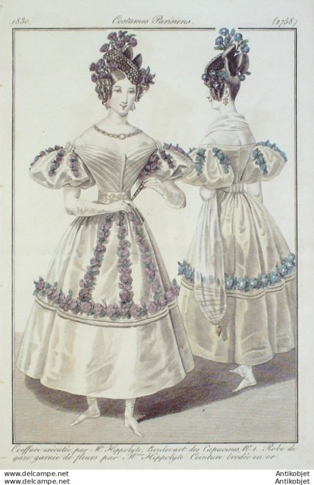Gravure de mode Costume Parisien 1830 n°2758 Robe de gaze garnie de fleurs