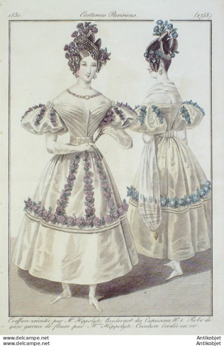 Costume Parisien 1830 # 2758 Robe de gaze garnie de fleurs