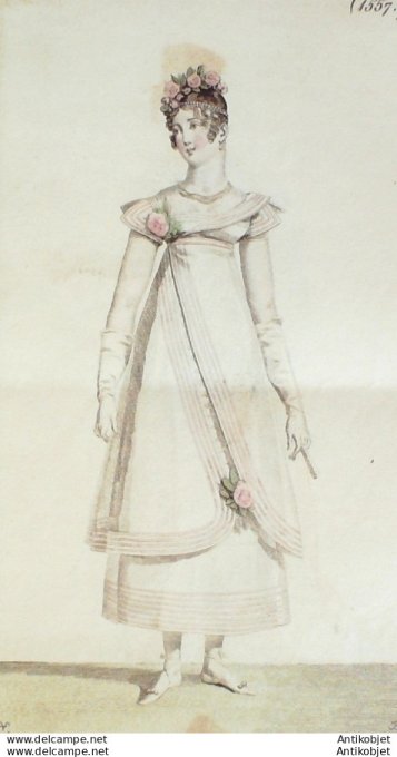 Gravure de mode Costume Parisien 1816 n°1557 Robe à la flore Coiffure à la Joconde