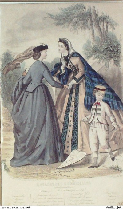 Gravure Mode Magasin Demoiselles 1863 #  9 (aquarellee Old Fashion plate)