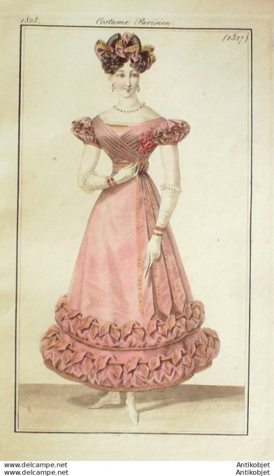 Gravure de mode Costume Parisien 1825 n°2327 Robe de tulle garnie