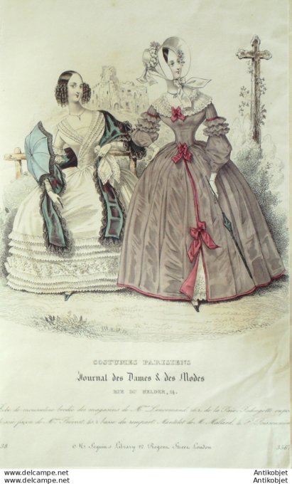 Gravure de mode Costume Parisien 1838 n°3567 Robe mousseline Redingote
