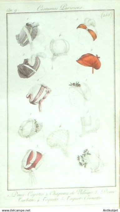 Costume Parisien 1800 an 9 # 256 (eau forte) Demi capotes  chapeau