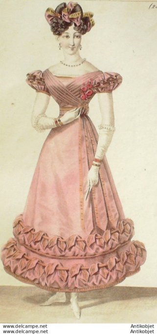 Gravure de mode Costume Parisien 1825 n°2327 Robe de tulle garnie