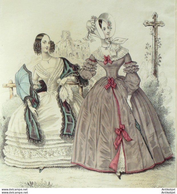 Gravure de mode Costume Parisien 1838 n°3567 Robe mousseline Redingote