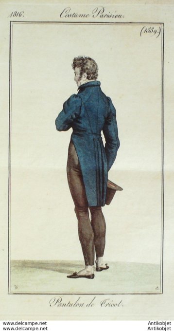 Gravure de mode Costume Parisien 1816 n°1559 Pantalon homme en tricot