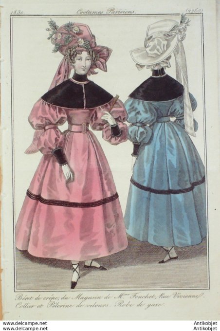 Gravure de mode Costume Parisien 1830 n°2760 Collier pélerine velours robe de gaze