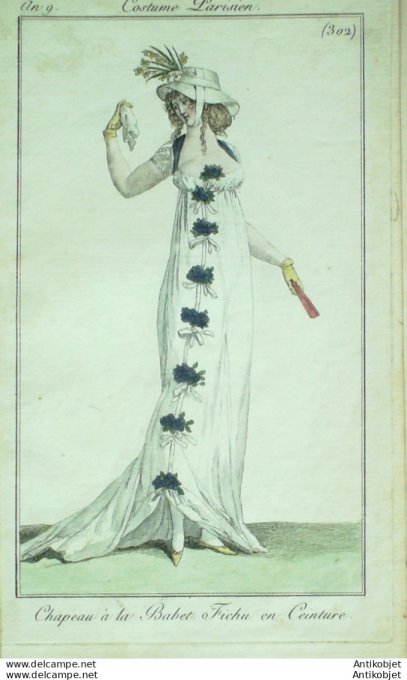 Gravure de mode Costume Parisien 1801 n° 302 (An 9) Fichu chapeau Babet