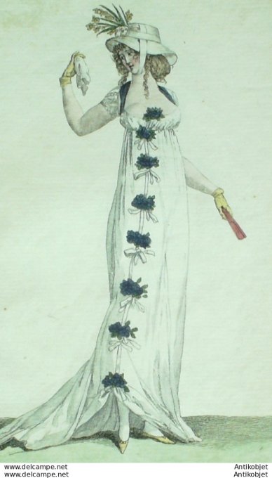 Gravure de mode Costume Parisien 1801 n° 302 (An 9) Fichu chapeau Babet