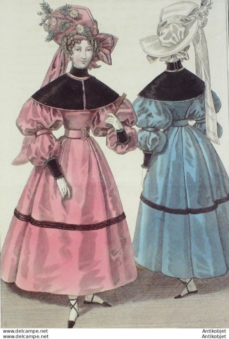 Gravure de mode Costume Parisien 1830 n°2760 Collier pélerine velours robe de gaze