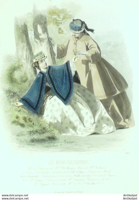 Gravure Les Modes Parisiennes 1863 #1057 Robes crêpe popeline mantelets Maison Plé-Horain