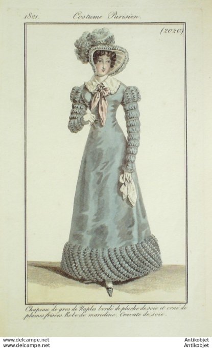 Gravure de mode Costume Parisien 1821 n°2020 Robe de marceline  cravate