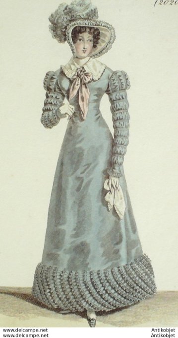 Gravure de mode Costume Parisien 1821 n°2020 Robe de marceline  cravate