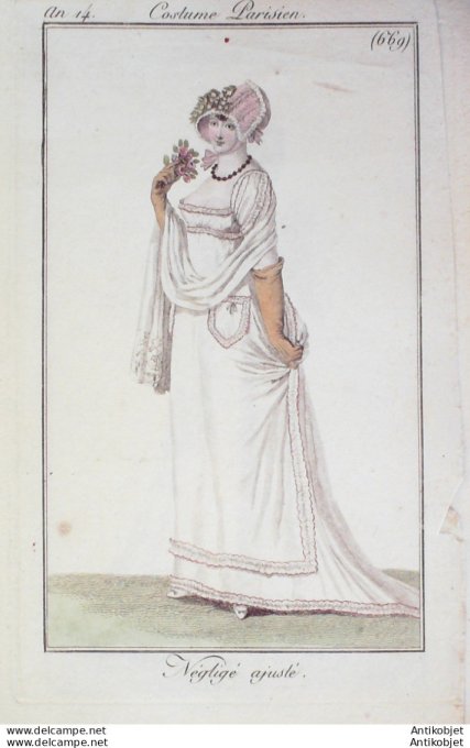 Gravure de mode Costume Parisien 1805 n° 669 (An 14) Négligé ajusté