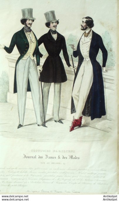 Gravure de mode Costume Parisien 1838 n°3568 Redingotes mérinos curika homme