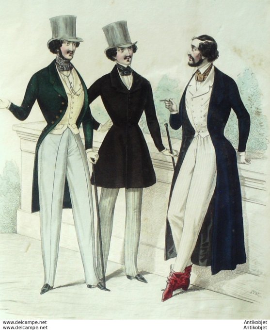 Gravure de mode Costume Parisien 1838 n°3568 Redingotes mérinos curika homme