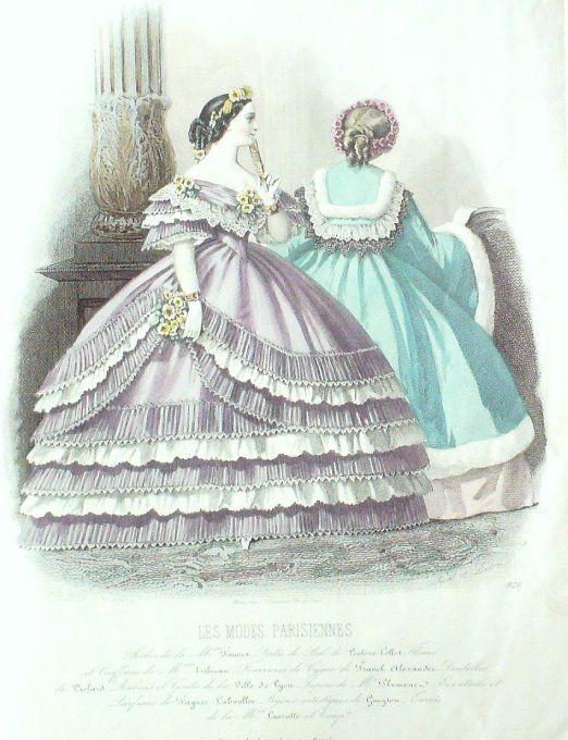 Gravure Les Modes Parisiennes 1860 # 926 Robes de soirées Maison Fauvet