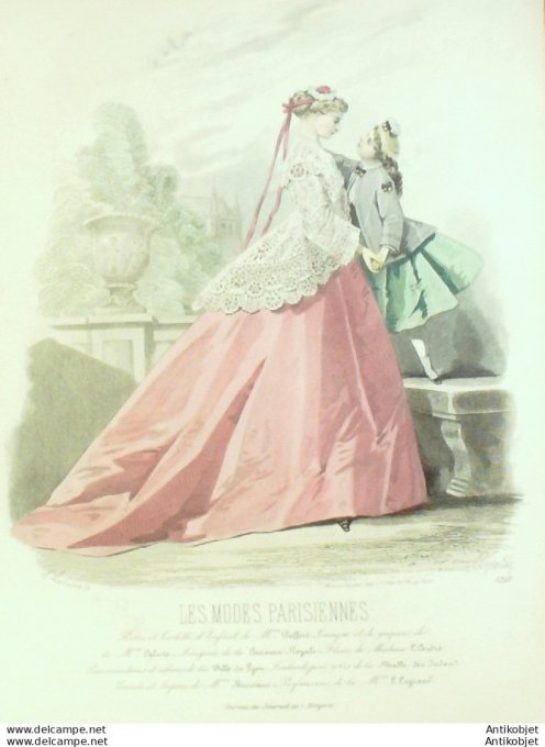 Gravure Les Modes Parisiennes 1865 #1213 Robe velours mantelet Maison Pieffort