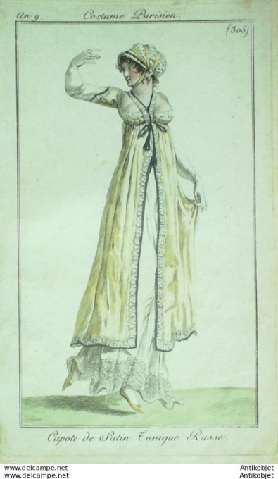 Gravure de mode Costume Parisien 1801 n° 305 (An 9) Tunique Russe capote