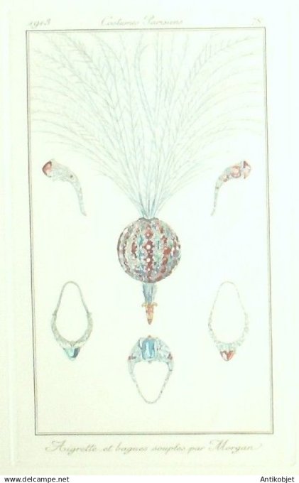 Gravure Costume Parisien 1913 # 78 Morgan(eau forte) Aigrette & Bagues