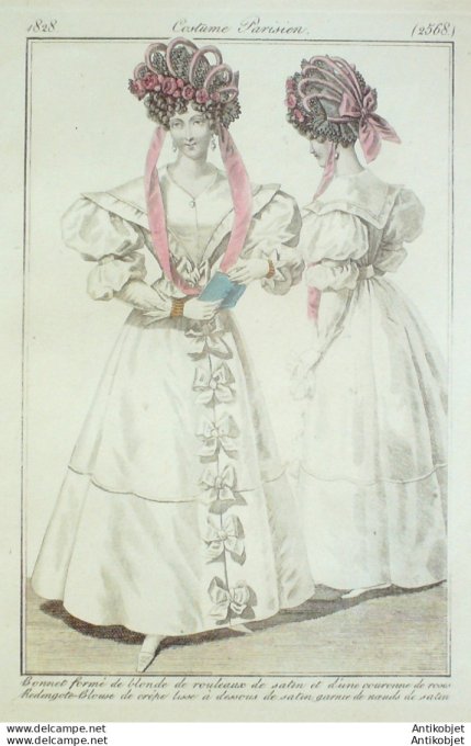 Gravure de mode Costume Parisien 1828 n°2568 Redingote blouse de crêpe lisse