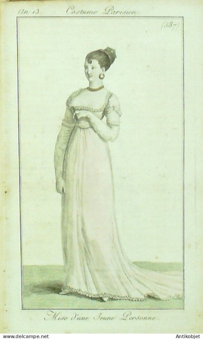 Gravure de mode Costume Parisien 1805 n° 587 (An 13) Mise de jeune personne