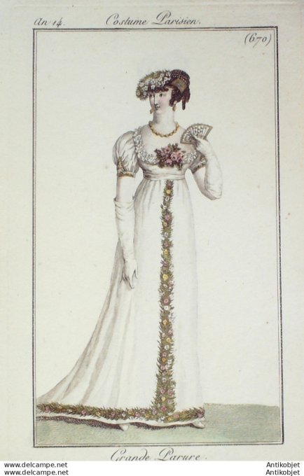 Gravure de mode Costume Parisien 1805 n° 670 (An 14) Grande parure