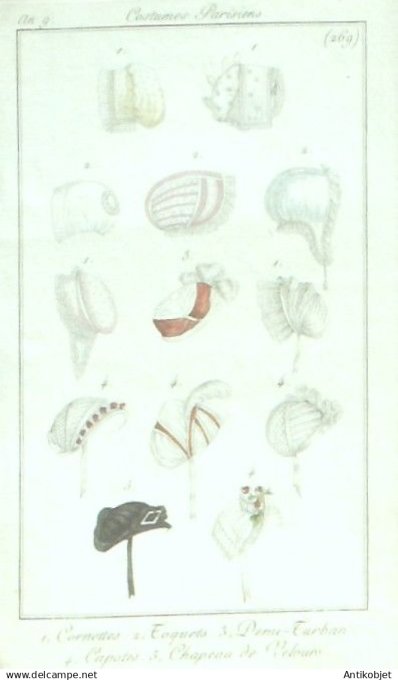 Costume Parisien 1800 an 9 # 269 (eau forte) Cornettes toquets turban