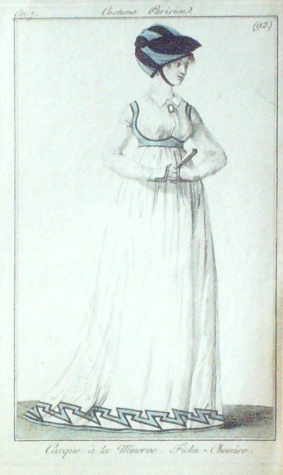 Gravure Mode Costume Parisien 1798 an  7 #  92 (eau forte old Fashion plate