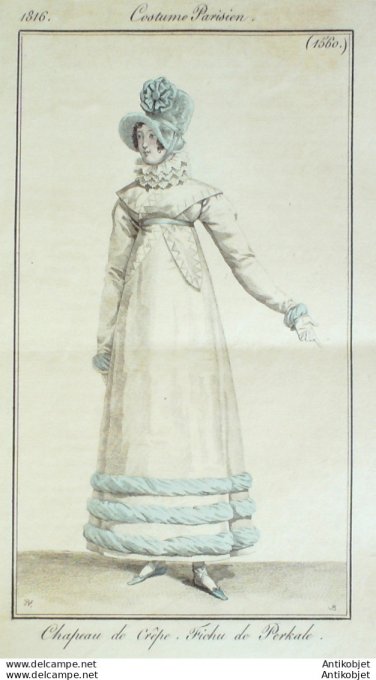 Gravure de mode Costume Parisien 1816 n°1560 Fichu de perkale