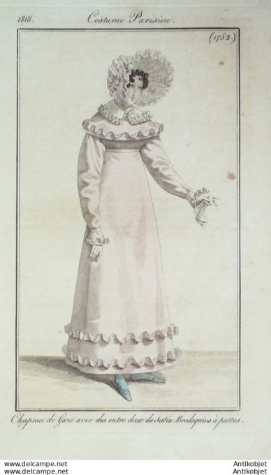 Gravure de mode Costume Parisien 1818 n°1752 Entre deux de satin  brodequin