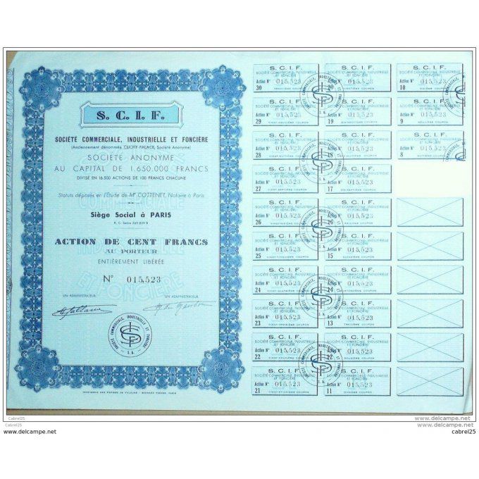 SOCIETE COMMERCIALE INDUSTRIELLE FONCIERE (S.C.I.F)-CLICHY (92)-ACTION-100 FR-1950