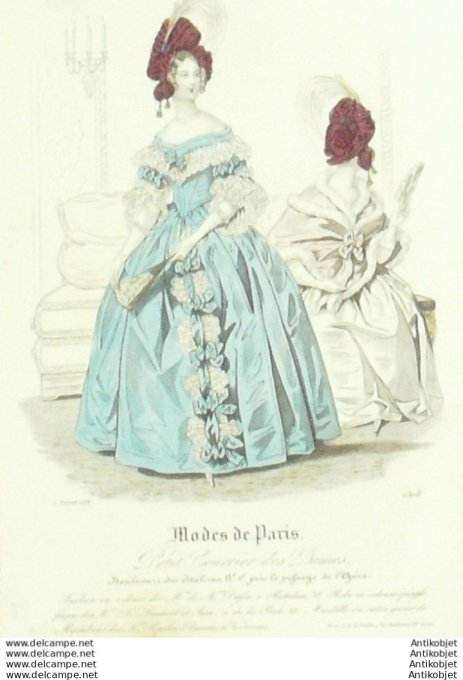 Gravure Mode Courrier des Dames 1836 # 1308 (eau forte old Fashion plate)