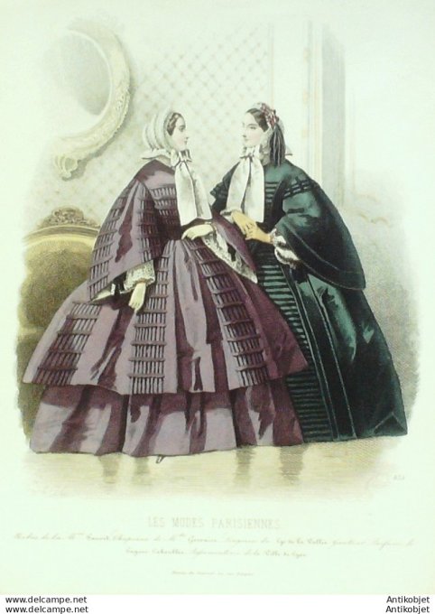 Gravure Les Modes Parisiennes 1859 # 835 Robes & mantelets Maison Fauvet