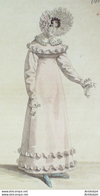 Gravure de mode Costume Parisien 1818 n°1752 Entre deux de satin  brodequin