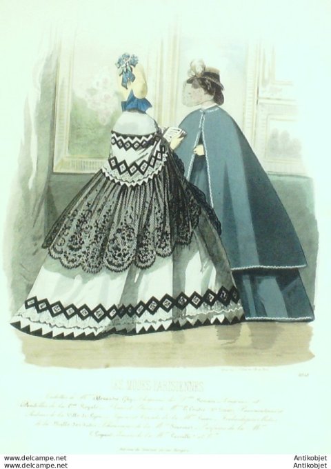 Gravure Les Modes Parisiennes 1863 #1058 Robes gros de Naples Maison Ghys